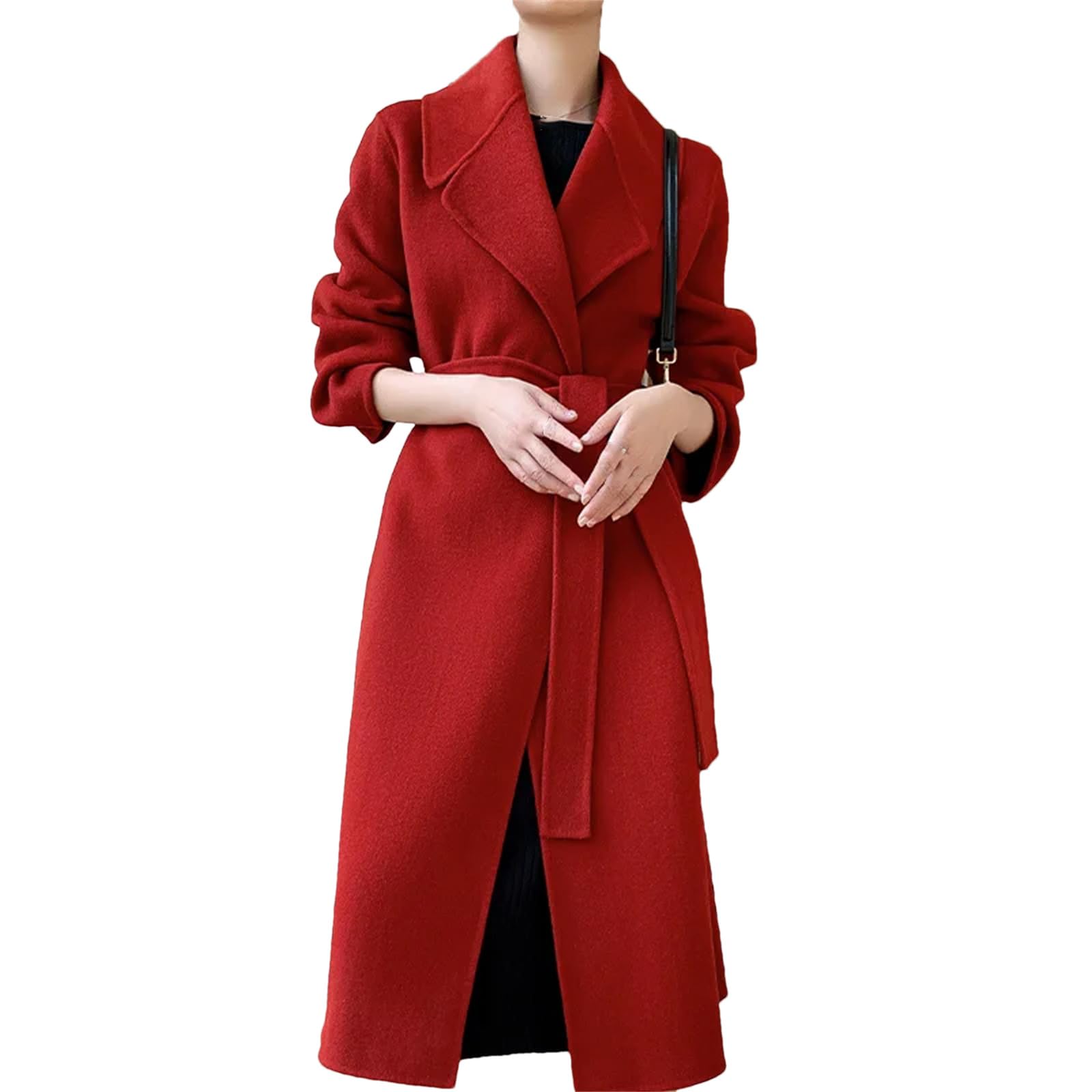 Abrigo largo de lana reversible de lana para mujer, abrigo largo de invierno con bolsillos y cinturón
