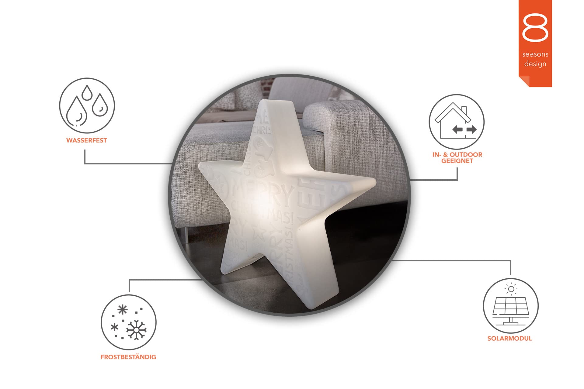 8 seasons design Shining Star Merry Christmas Solar LED Weihnachtsstern Ø 60 cm (Weiß), inkl. Solarmodul und LED-Leuchtmittel, beleuchteter Stern mit geprägtem Weihnachtsmotiv, Solarleuchte
