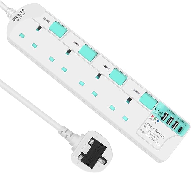SE UKASE Extension Lead with USB Slots(5V/4.2A),USB Timer, 4 Way Plug Sockets with Individual Switches USB and Type C, Wall Mount Design with 2M Extension Cable 3250W