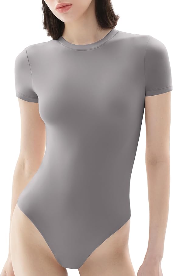 PUMIEY Women's Crew Neck Short Sleeve Bodysuit Fashion T-shirt Tops Smoke Cloud Pro Collection