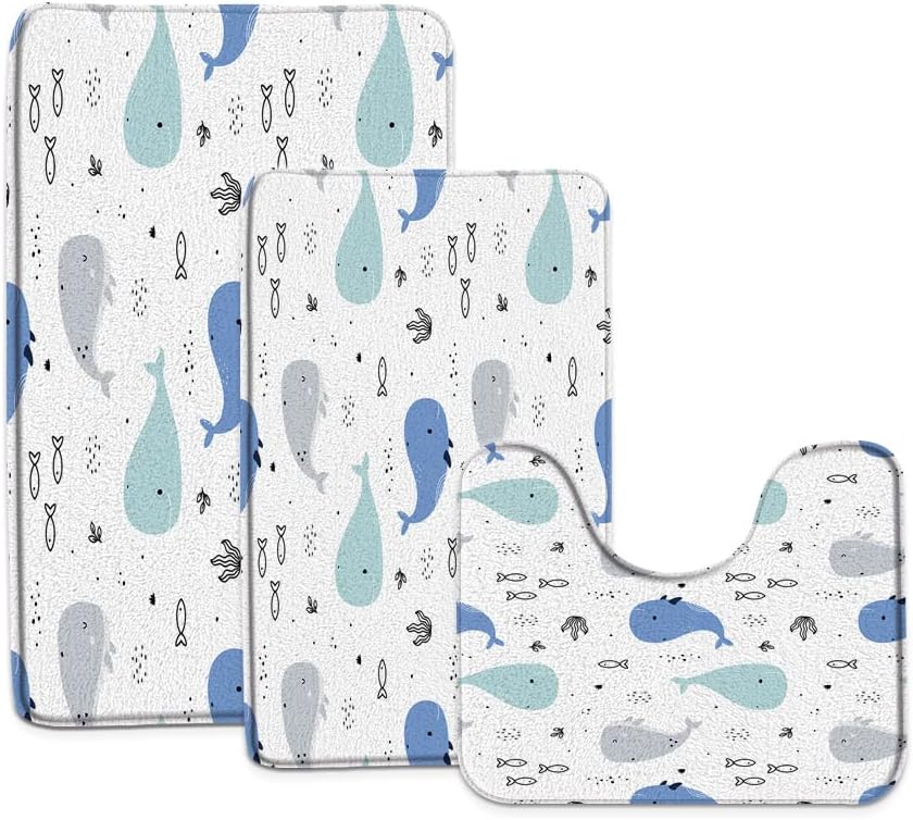 Cartoon Whale 3 Piece Bath Mat Sets,Ocean Animal Blue Gray Fish Underwater Wildlife Tropical Fish Coral Seaweed Funny Bathroom Rugs,16"x24"and 17.8"x29.5"and U Shaped 21"x17"