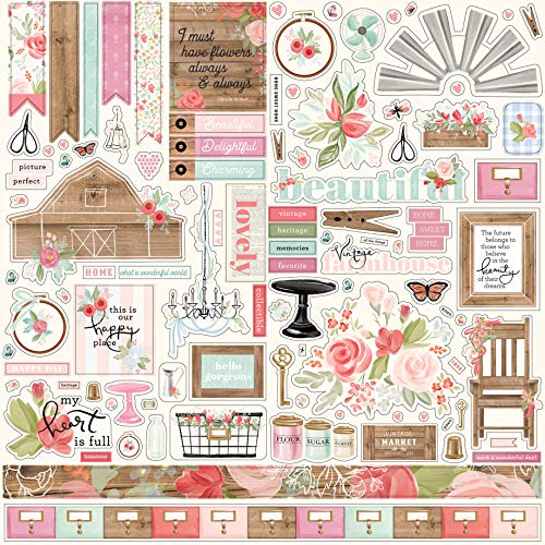 Carta Bella Paper Company Farmhouse Market Element sticker, pink, teal, black, woodgrain, cream