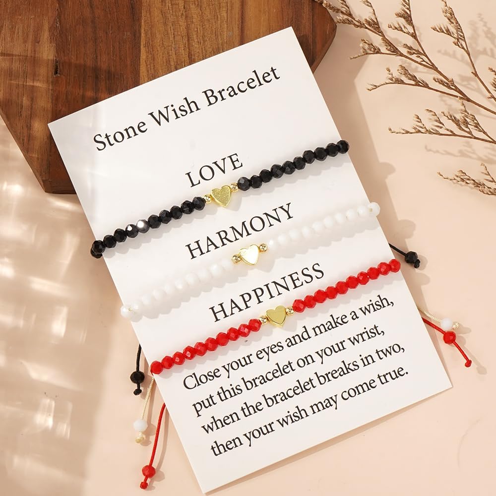 Gold Plated Love Heart Crystal Beaded String Bracelets 3PCS Set,Dainty White Black Red Bracelets for Women Charm Beads Handmade Fashion Jewelry Gifts - Image 4