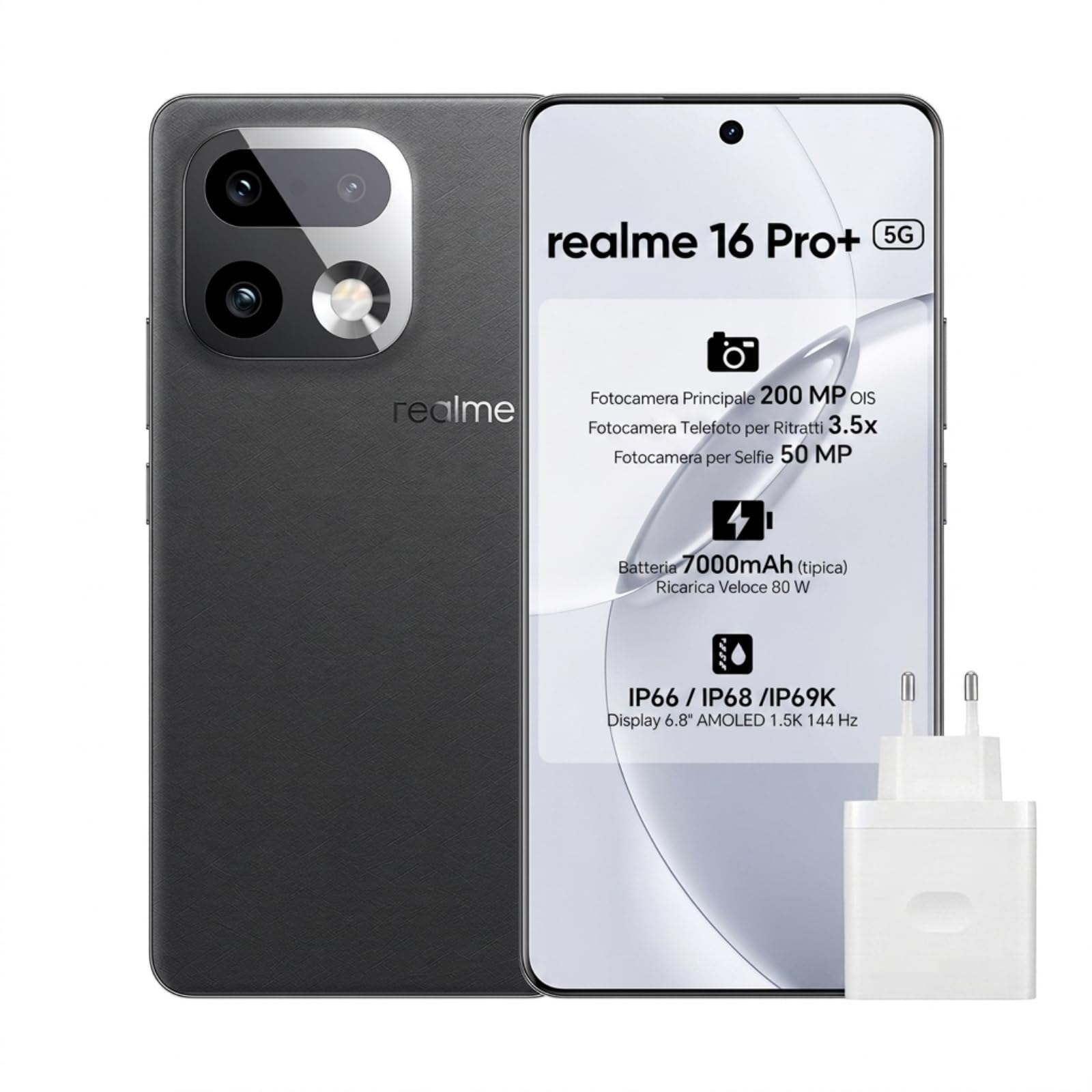 realme 16 Pro+ Smartphone 5G,8+256GB,Display AMOLED 6,8" 1,5K 144 Hz,Fotocamera Principale 200MP OIS & Obiettivo Teleobiettivo 3,5x,Batteria 7000mAh, IP68/IP69K (Master Grey, 256, GB, 8, GB)