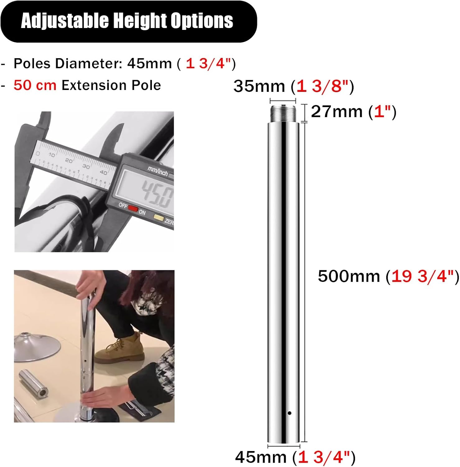 Dance Pole Extension for 45Mm, 125/250/500Mm Fitness Poles Kit to Connect Dancing Pole, Height Adjustable Ceilings Tube for Club, Home, 5 Colours (Pink 250Mm) (Silver 500mm)