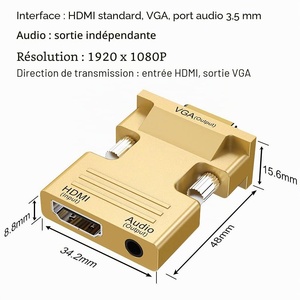 Adaptateur HDMI vers VGA 1080P Femelle vers Mâle Convertisseur Câble Audio Vidéo 3,5 mm
