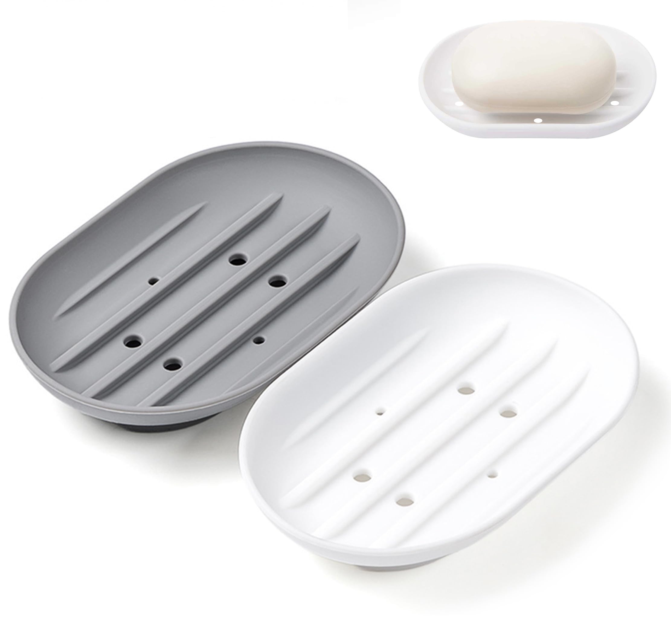 2 Pcs Silicone Soap Dish with Drainage,Anti-Slip Portable Shower Soap Box, Self Draining Shower Soap Holder for Shower, Bathroom, Kitchen, Counter Top and Shelf, Easy Cleaning