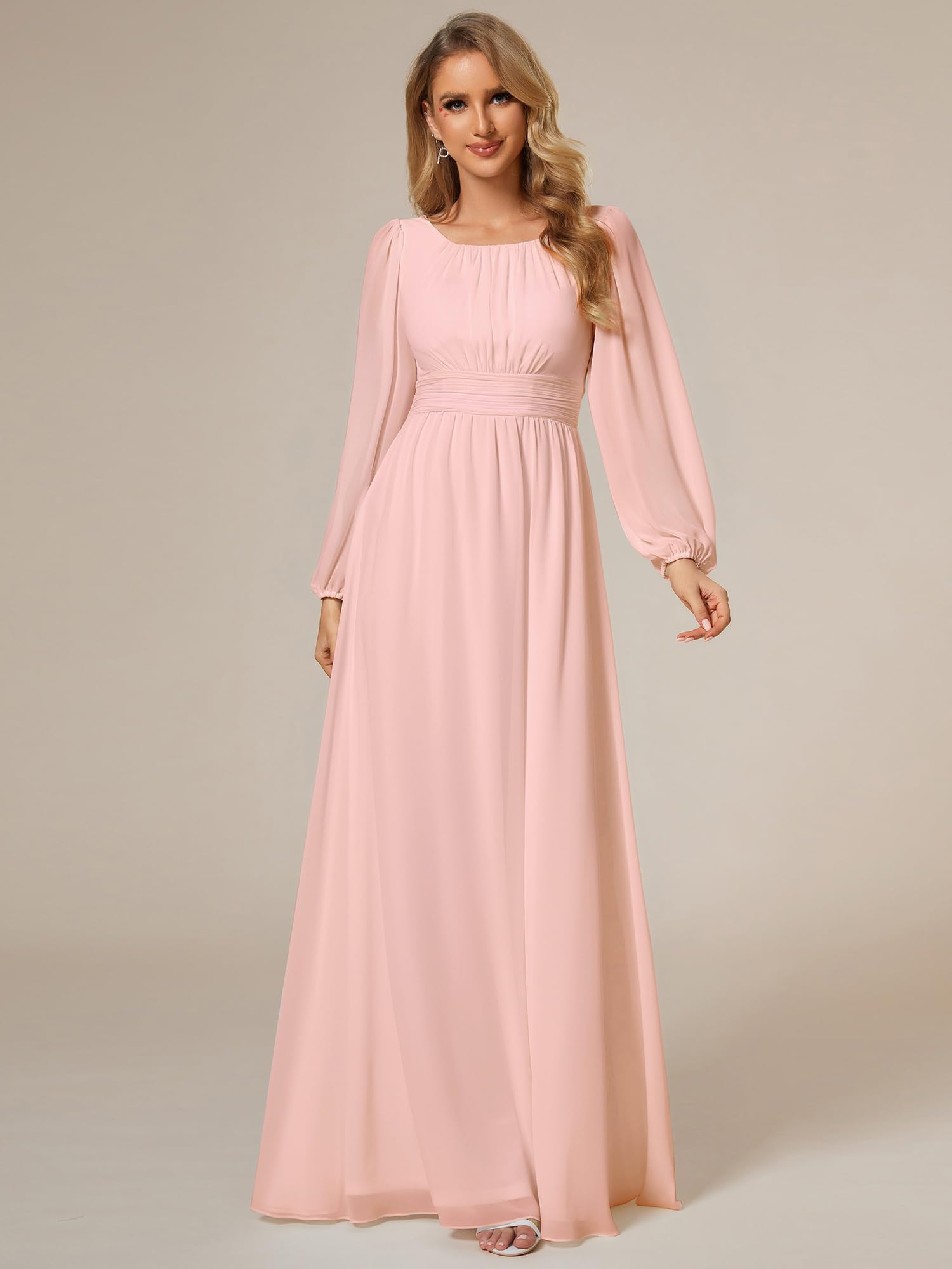 Ever-Pretty Robe formelle en mousseline plissée avec col rond et manches longues pour femme 0106B