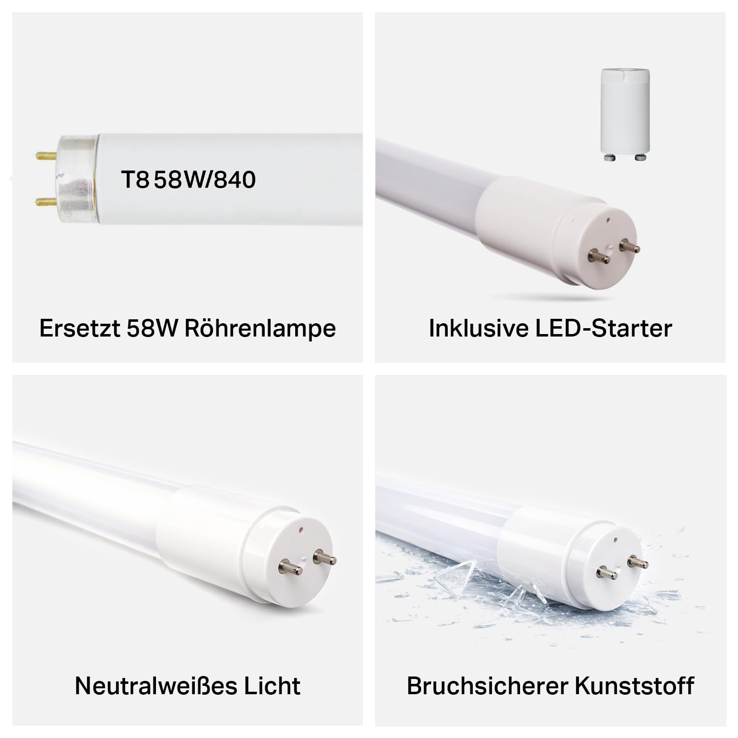 NCC-Licht LED Röhre 150cm 24W/840 G13 2500lm neutralweiß 4000K, Ersatz für 58W Leuchtstoffröhre, aus bruchsicherem Kunststoff, inkl. Starter für KVG