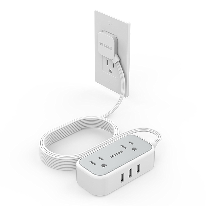 TESSAN扁平插头电源插座延长线，灰色，适合家庭旅行宿舍使用