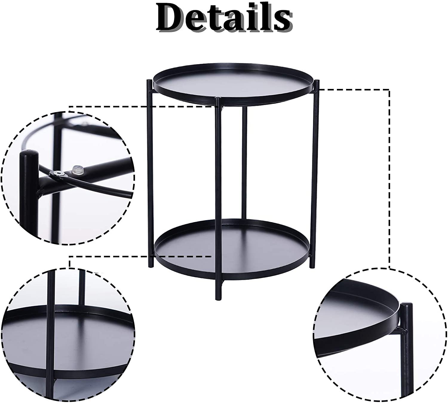 INDIAN DECOR 48288 Metal End Table, 2 Tier Small Round Side Table with Removable Tray, Suitable for Outdoor & Indoor, Living Room, Bedroom and Balcony (17" × 20.5", Black) 1