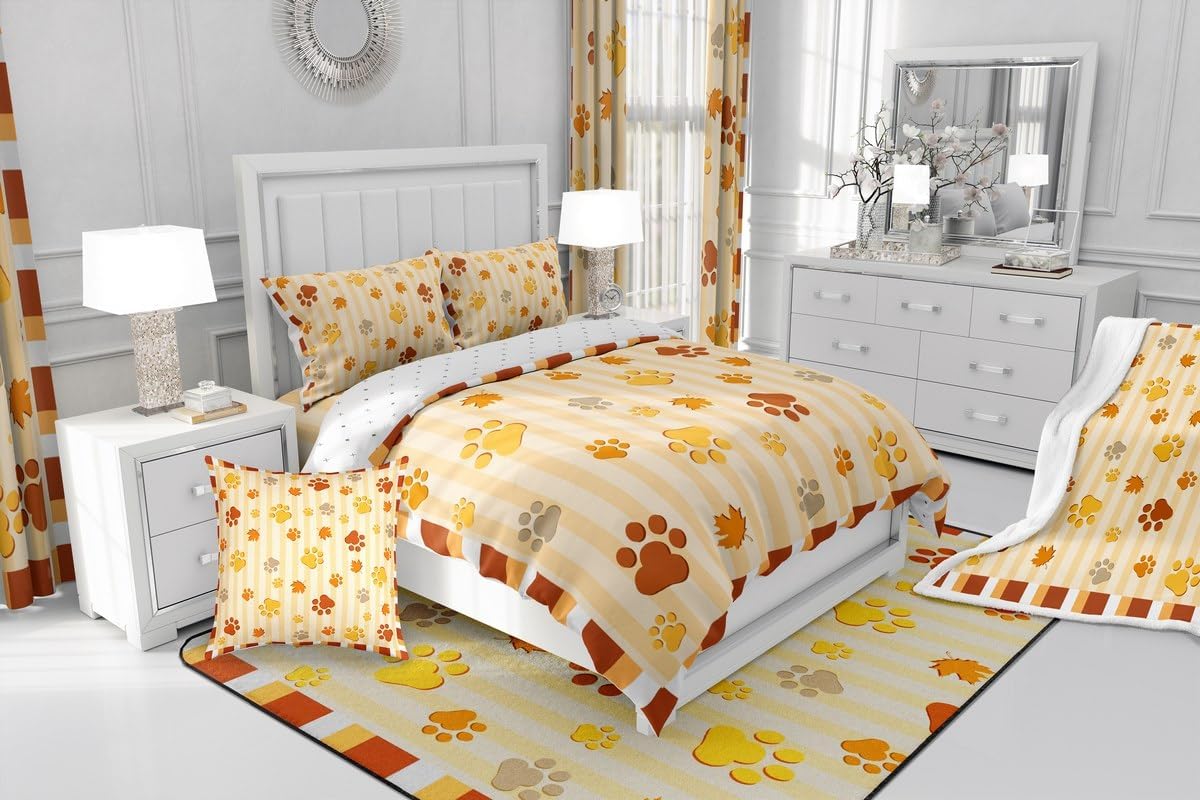 Dog Paw Bedding Set Queen Size,Stripes Grid Comforter Cover with 2 Pillowcase for Teens Adults,Paws Leaves Breathable 3 Pcs Decorative Bed Cover(No Comforter)