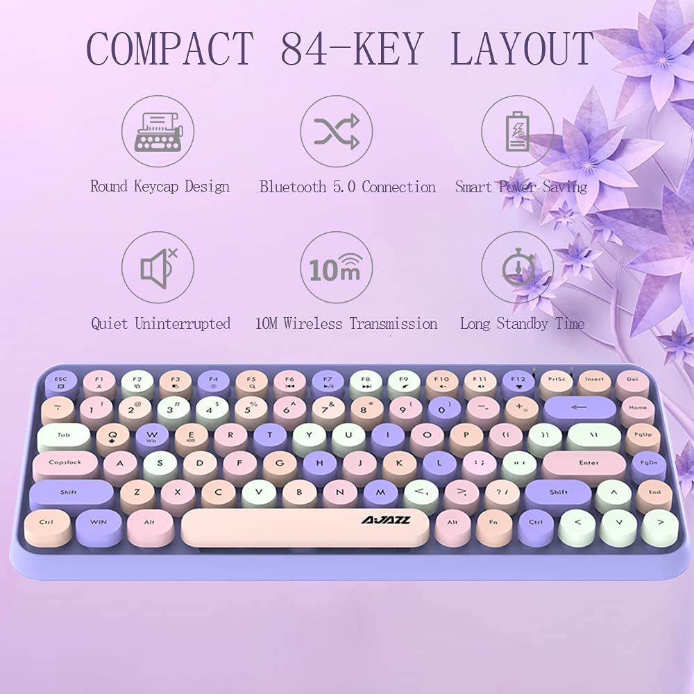 FELiCON 308i Bezprzewodowa klawiatura Retro, Cicha Urocza Klawiatura Komputerowa Bluetooth z Compact 84 Klawiszami, lekka, Matowa Tekstura, Konstrukcja Maszyny do Pisania na PC/Laptop/Mac-Mixed Purple