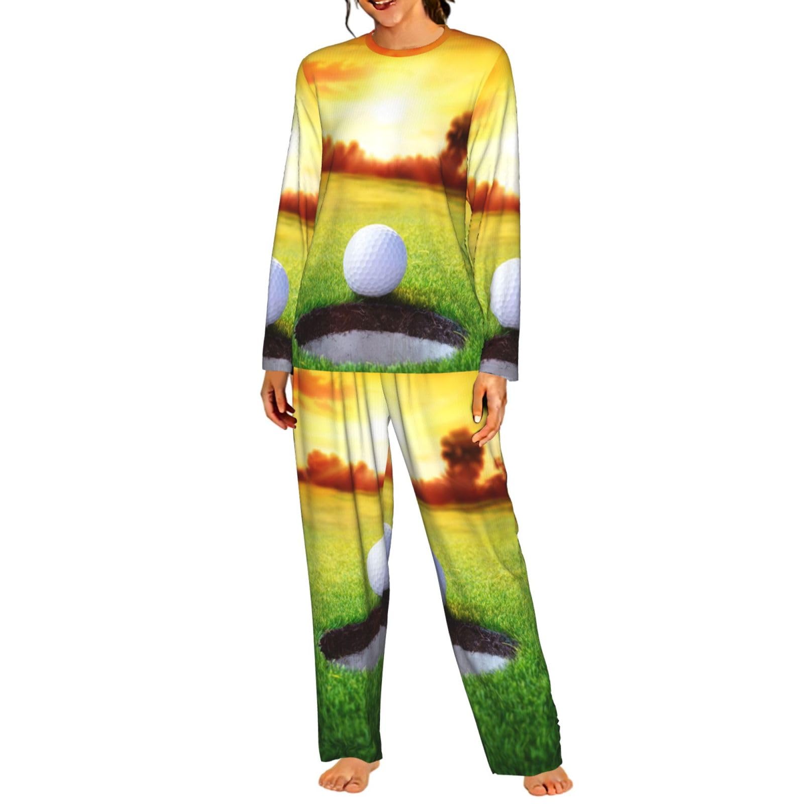 Sport Golf Ball Tramonto Albero Stampa Delle Donne Maniche Lunghe Pigiama Set Morbido Elastico Coulisse Casual Daywear
