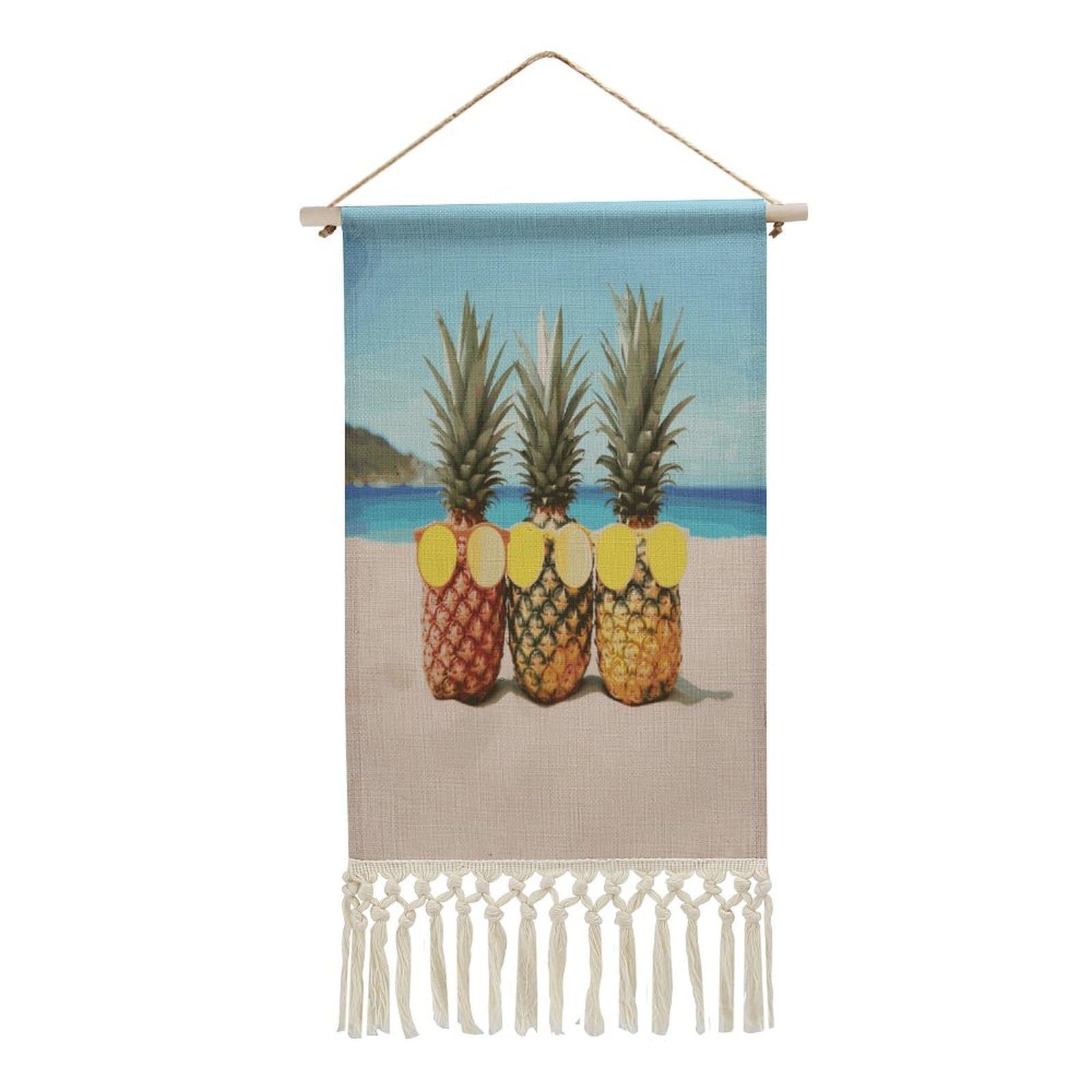Adfgyerh Style Seaside Beach Yellow Geometric Pineapple Tapestry With Tassels Cotton And Linen Hanging Posters, Wall Art For Travel Gift, Wall Tapestry For Office Home Decor Bedroom Living Room Decor