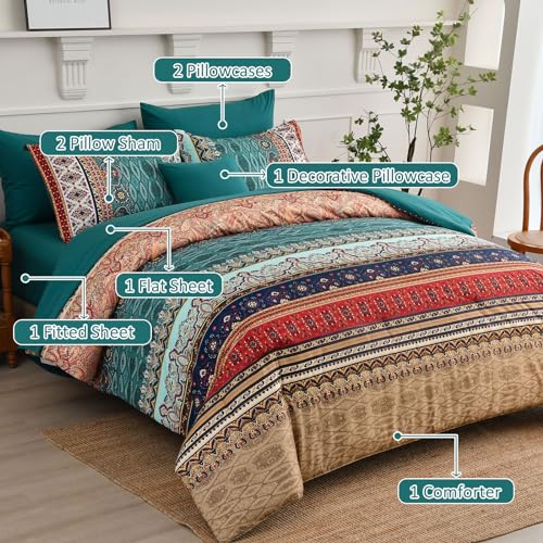 Image of Cottolester Boho King Size Comforter Set 8 Pieces,Green and Brown Bohemian Striped Bed in a Bag,Floral Soft Microfiber Bedding Comforter Set