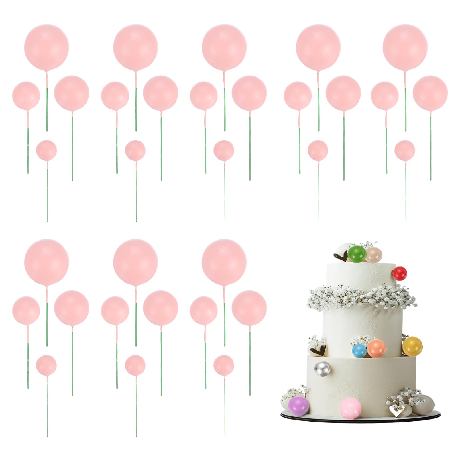 sourcing map 32Pcs Cake Toppers Foam Ball, Cupcake Insert Cake Toppers Cupcakes Decoration Balls for Theme Birthday Party Favors Wedding Halloween Christmas Supplies, Deep Pink — image 1