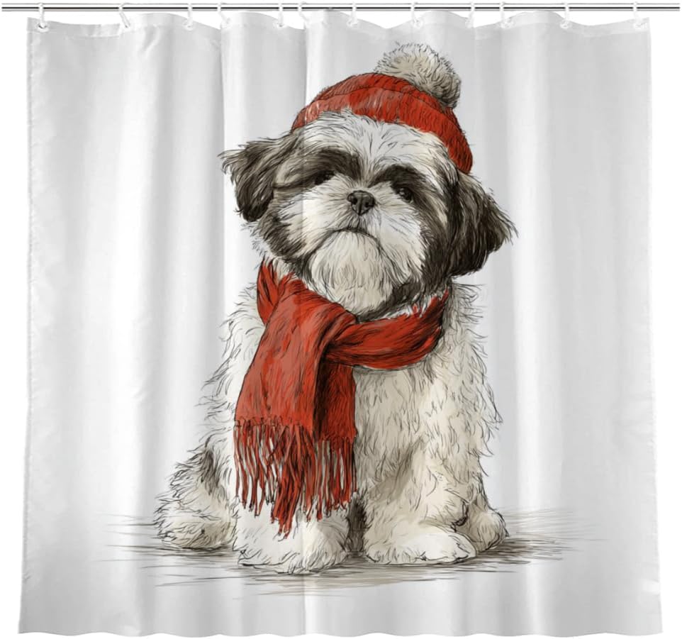 Shih Tzu with Scarf Shower Curtain Set Waterproof Fabric Shower Curtain Boys Bathroom Shower Curtain Decorative 72x72 in