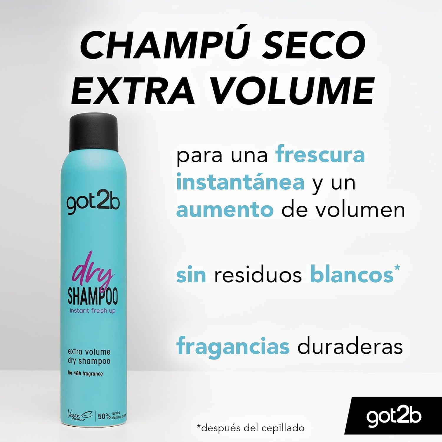 got2b Extra Volume Champú en seco (200 ml), champú seco para refrescar tus looks, dry shampoo con 24 h de volumen y frescor, no deja residuos blancos*, aroma cítrico