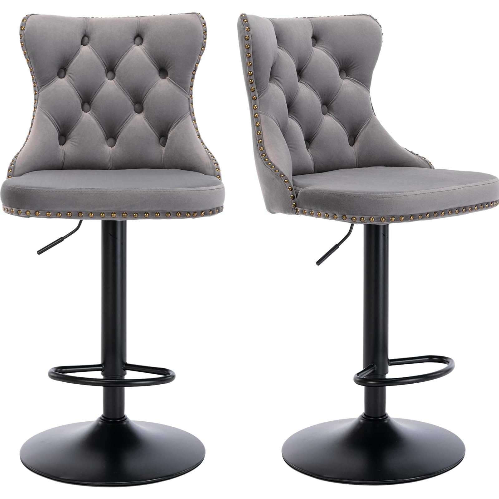 Swivel Counter Height Bar Stools Set of 2, Gray Kitchen Island Barstools, Velvet Adjustable Bar Height Stool Chairs, Tufted Back, Black Metal Base,