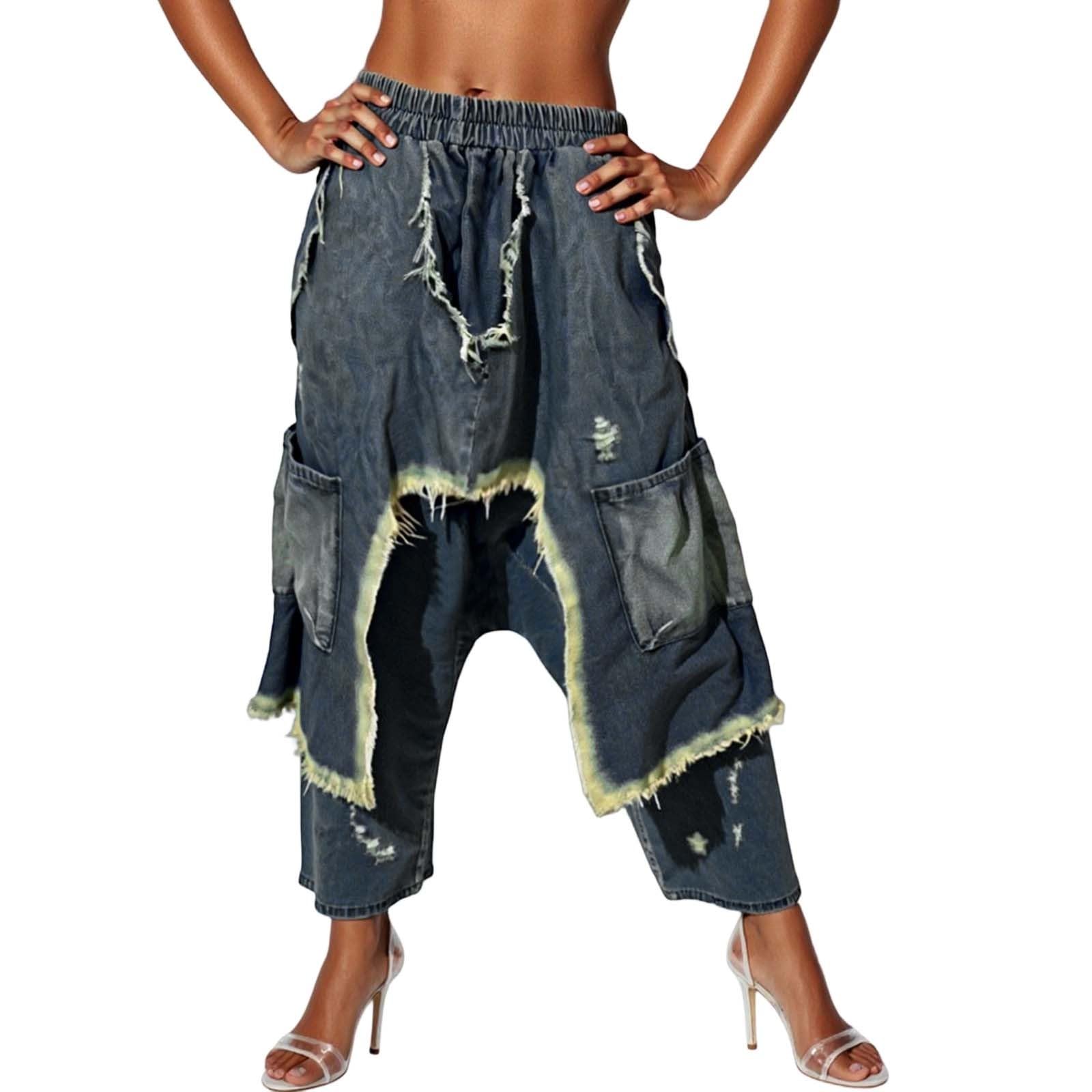Pantalones vaqueros para mujer, pantalones harén, tallas grandes, barrel, patchwork, holgados, pantalones cargo hippie, pantalones de mezclilla, pantalones elásticos, pantalones de correr