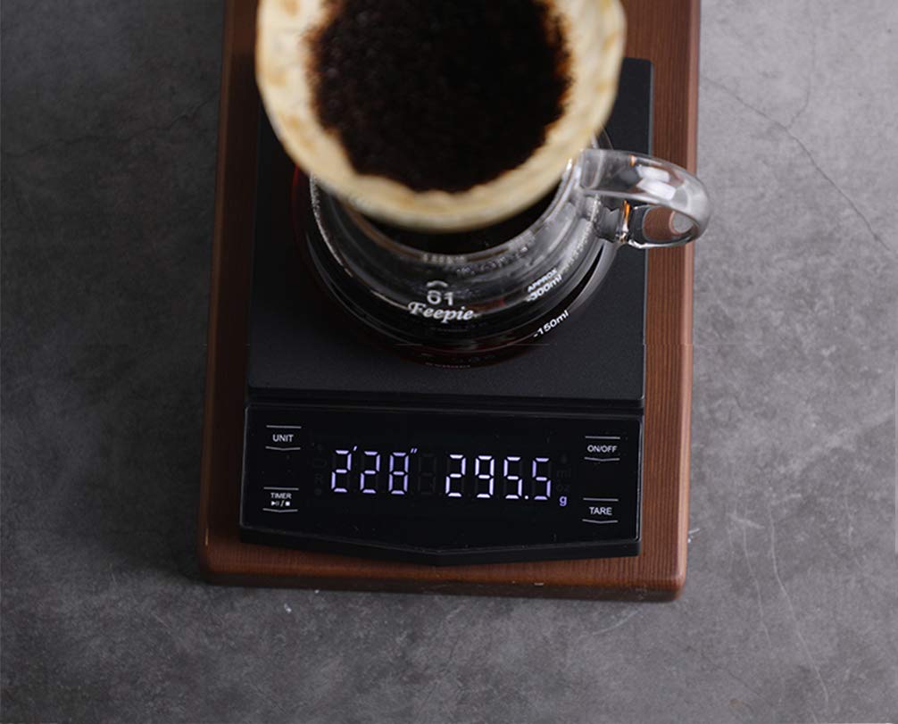 Bonvoisin Báscula de café eléctrica con temporizador digital de alta precisión, 2 kg, 0,1 g, mini báscula USB con tara, función de conversión de unidad pantalla LED