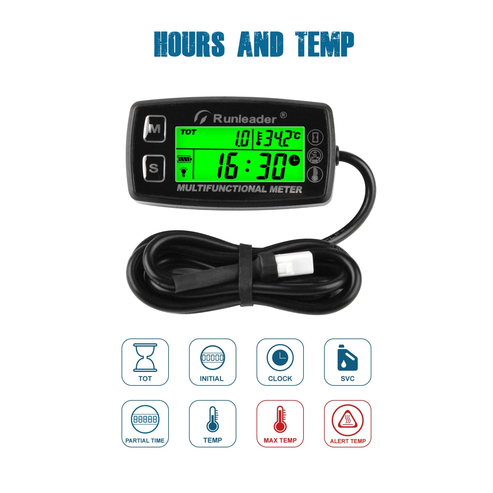 Runleader Tachymètre Compteur D'Heures Jauge Température Moteur | RL-HM035A-M5 Avec Support De Montage,Alerte RPM Et Temp,Écran Rétroéclairé,Pour Tracteurs Tondeuses,Compresseurs,Générateurs