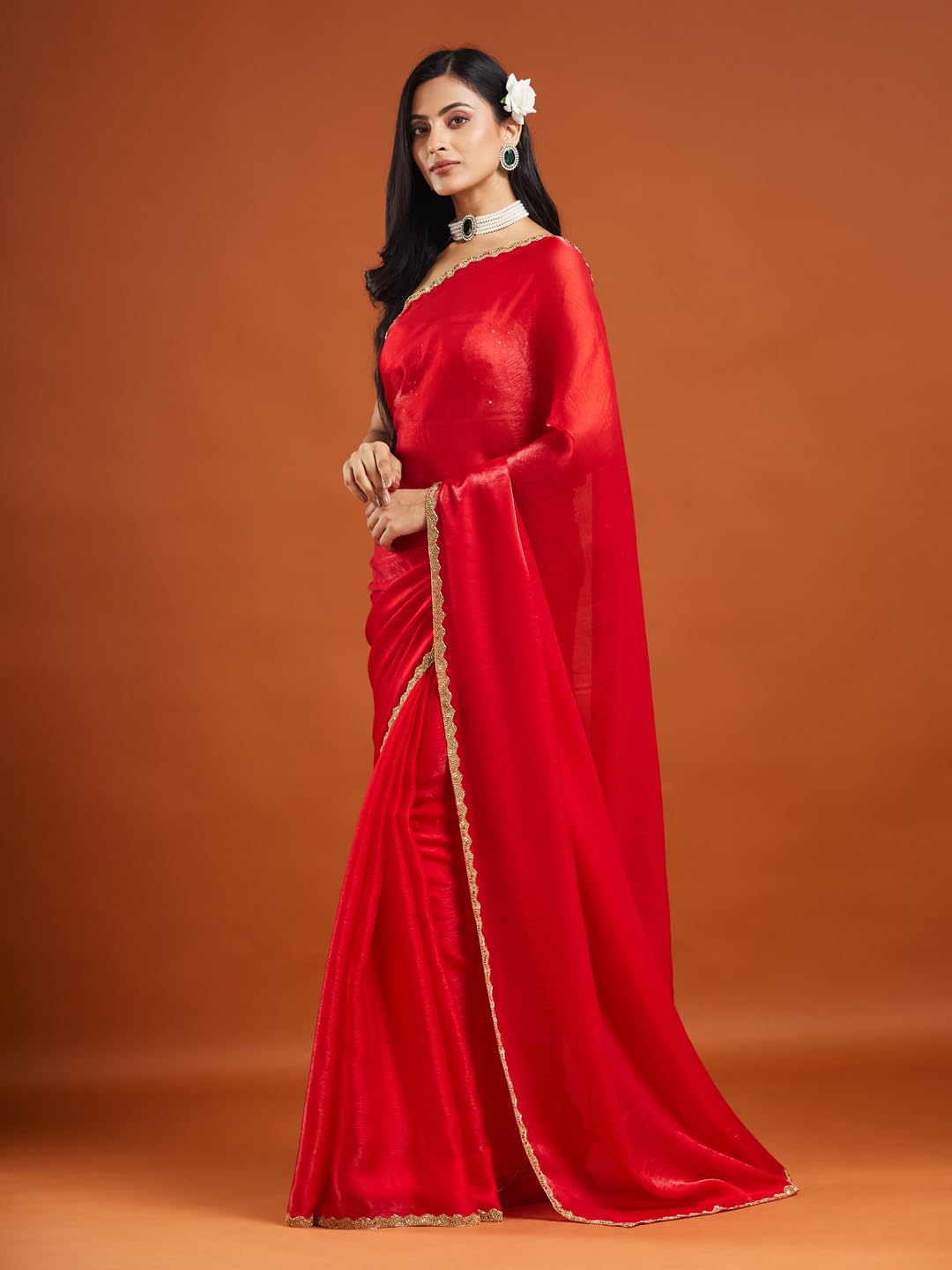 LOROFY Women's Two Tone Fendy Chiffon Saree (Red,) - Image 3 thumbnail