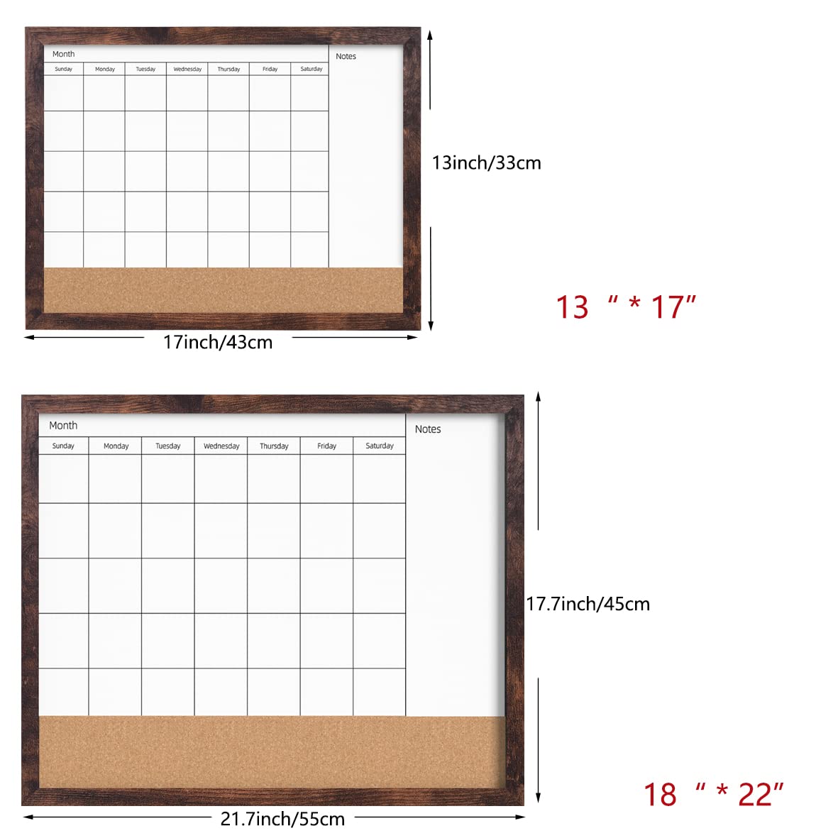 Umtiti Monthly Calendar Dry Erase White Board & Cork Bulletin Board,13" x 17" Brown Wood Frame,Magnetic Surface Whiteboard.Perfect for Organizing Your Space.Whiteboard+Cork-3343B-BN - Image 2