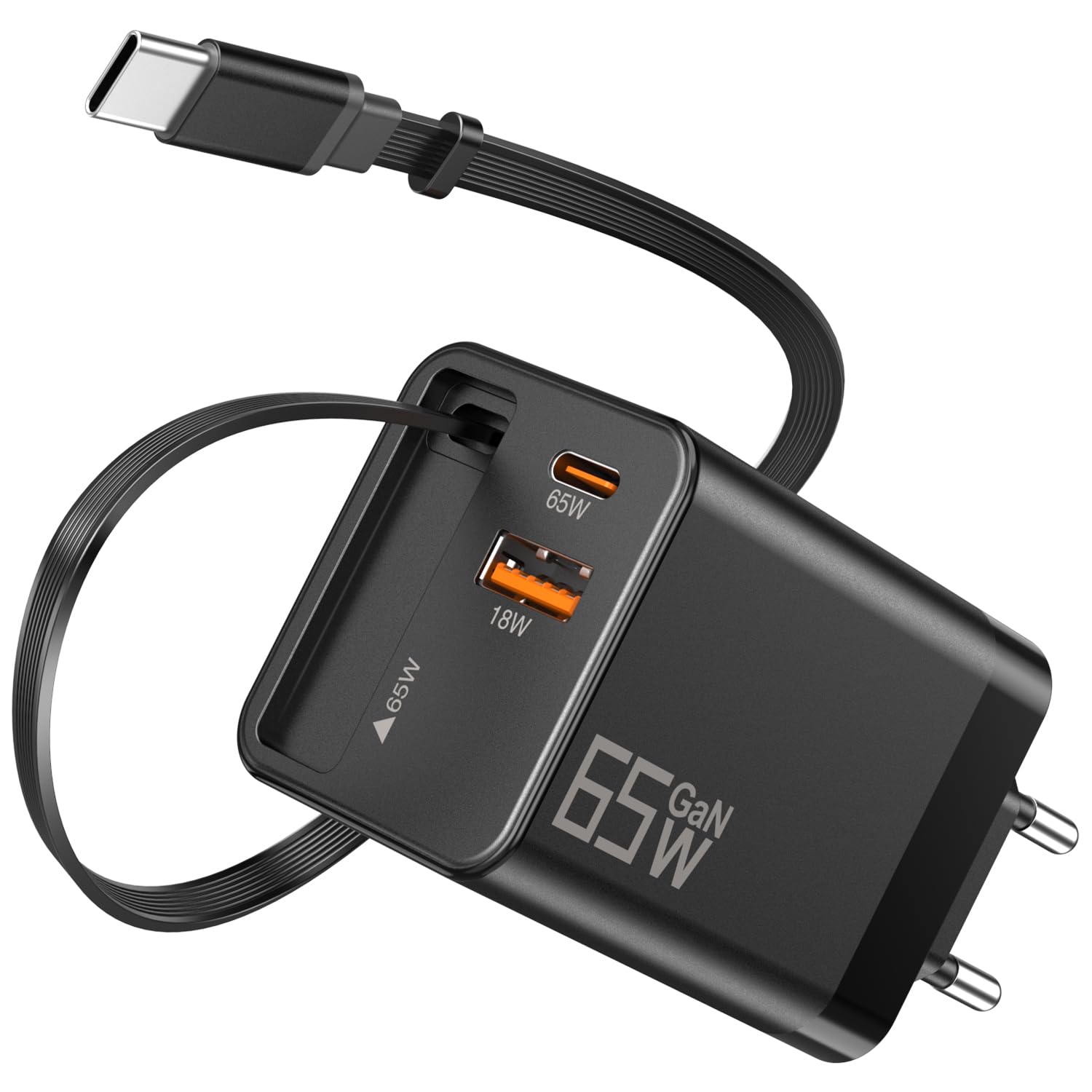USB C Ladegerät 65W GaN Schnellladegerät Kompatibel mit MacBook Pro/Air, 3-Port USB C Netzteil mit Integriertem Einziehbarem Kabel, Kompakter Ladeadapter für iPhone 17/16/15, iPad, Samsung