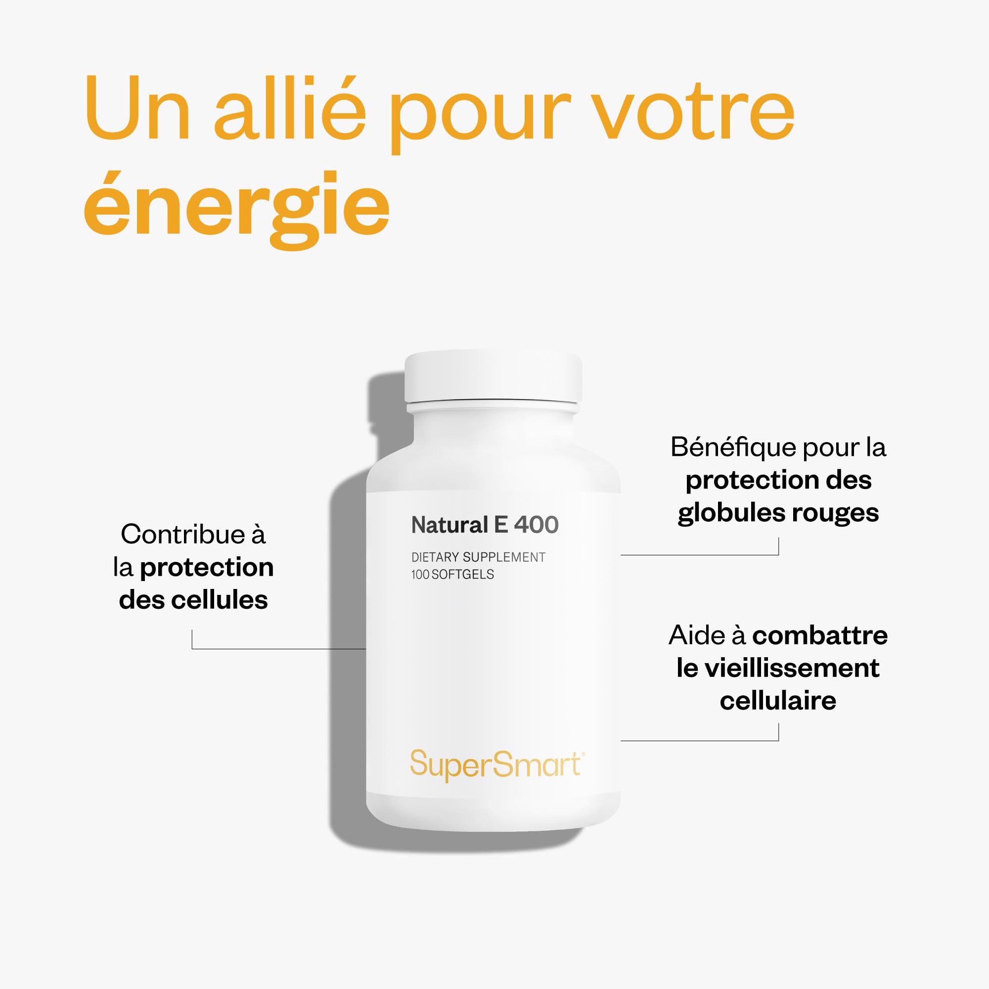 Vitamine E Naturelle - (D-Alpha Tocophérol) - Bonne Santé de la Peau et des Cheveux - Aide à Protéger les Cellules Contre le Stress Oxydatif - 100 Softgels - Sans Gluten - SuperSmart