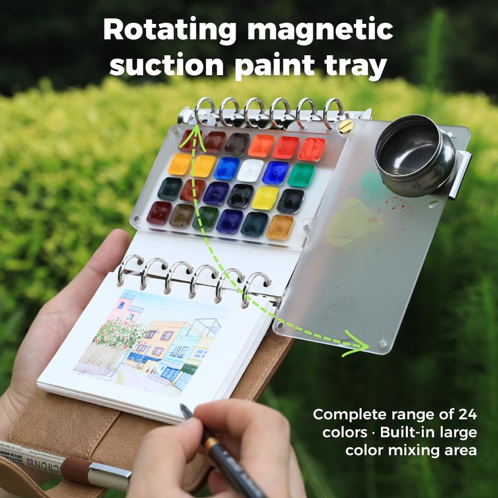 IDEAPLUS Professional Urban Sketching Kit - A7 Leather Refillable Watercolor Notebook Set, 24 Vivid Colors Palette, 300g Pure Cotton Paper, 3 Travel Brushes - Deluxe Artist Gift Set for Plein Air Painting(avocado green)