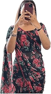 Women's Georgette Digital Printed Ready To Wear one Minute Saree With Unstitched Blouse Piece (Ready To wear Georgette)