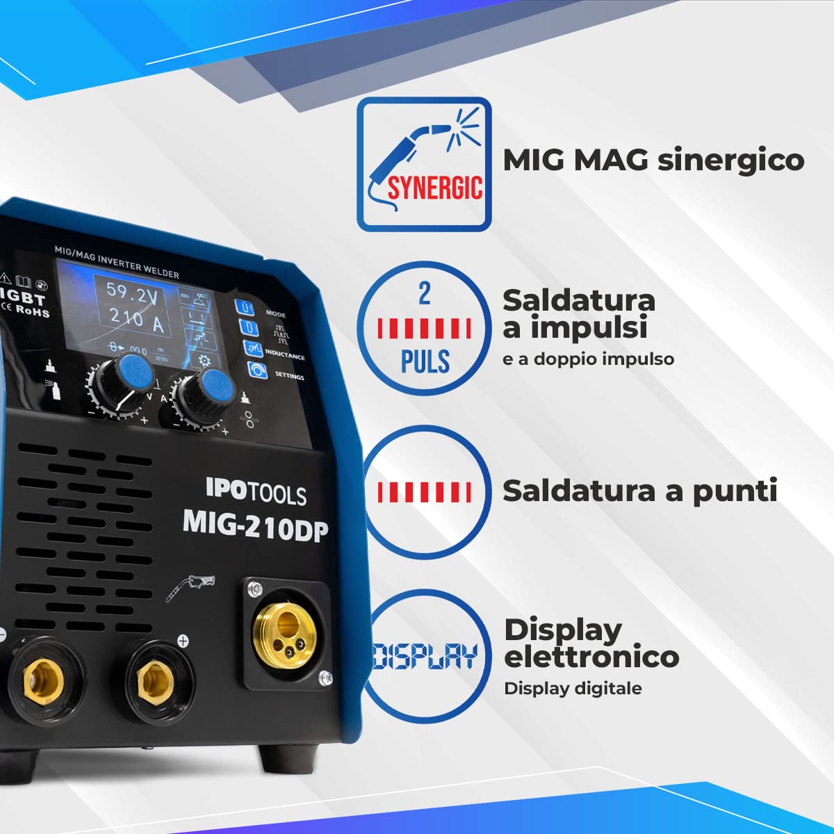 IPOTOOLS MIG-210DP Synergy Saldatrice MIG MAG a doppio impulso - Saldatrice MIG LCD con 210A 230V IGBT, elettrodi MMA Flux 3 in 1, saldatrice portatile, 7 anni di garanzia
