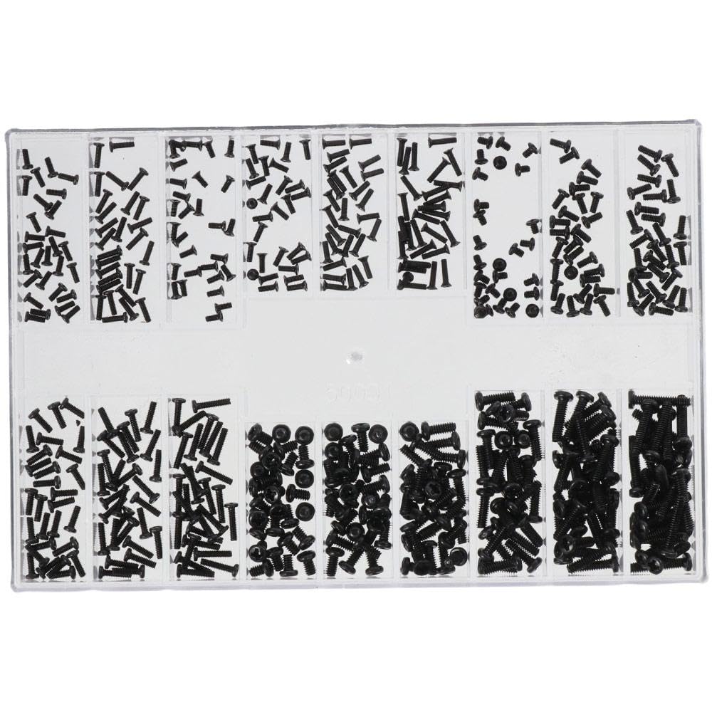 FEIYINGSmall Screws Assortment Kit, 18 Kinds M1.2 / M1.4 / M2.0 Mini Micro Screws Set, Black Repair Screws for Sunglasses, Glasses, Watches, Clocks (Round Head & Countersunk Head)