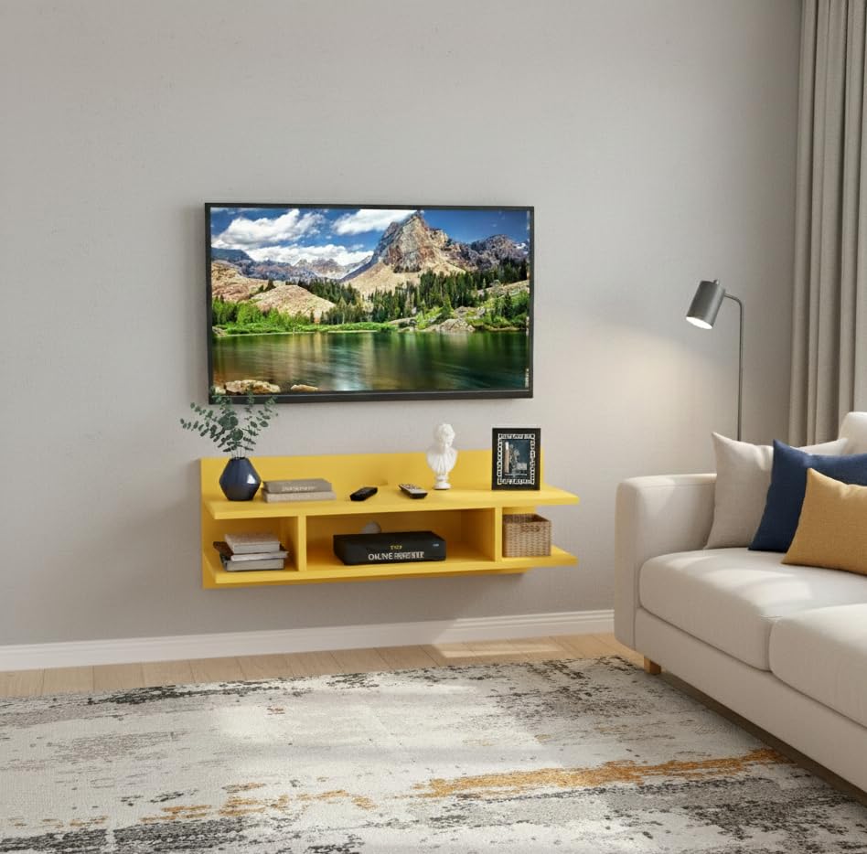 Image of Engineered Wood Set Top Box Stand | Wall Mounted TV Unit Shelf for Router, WiFi, DVD, Gaming Console | Sturdy & Space Saving TV Accessory Organizer (Brown, 50 x 20 x 15 cm) (Yellow)