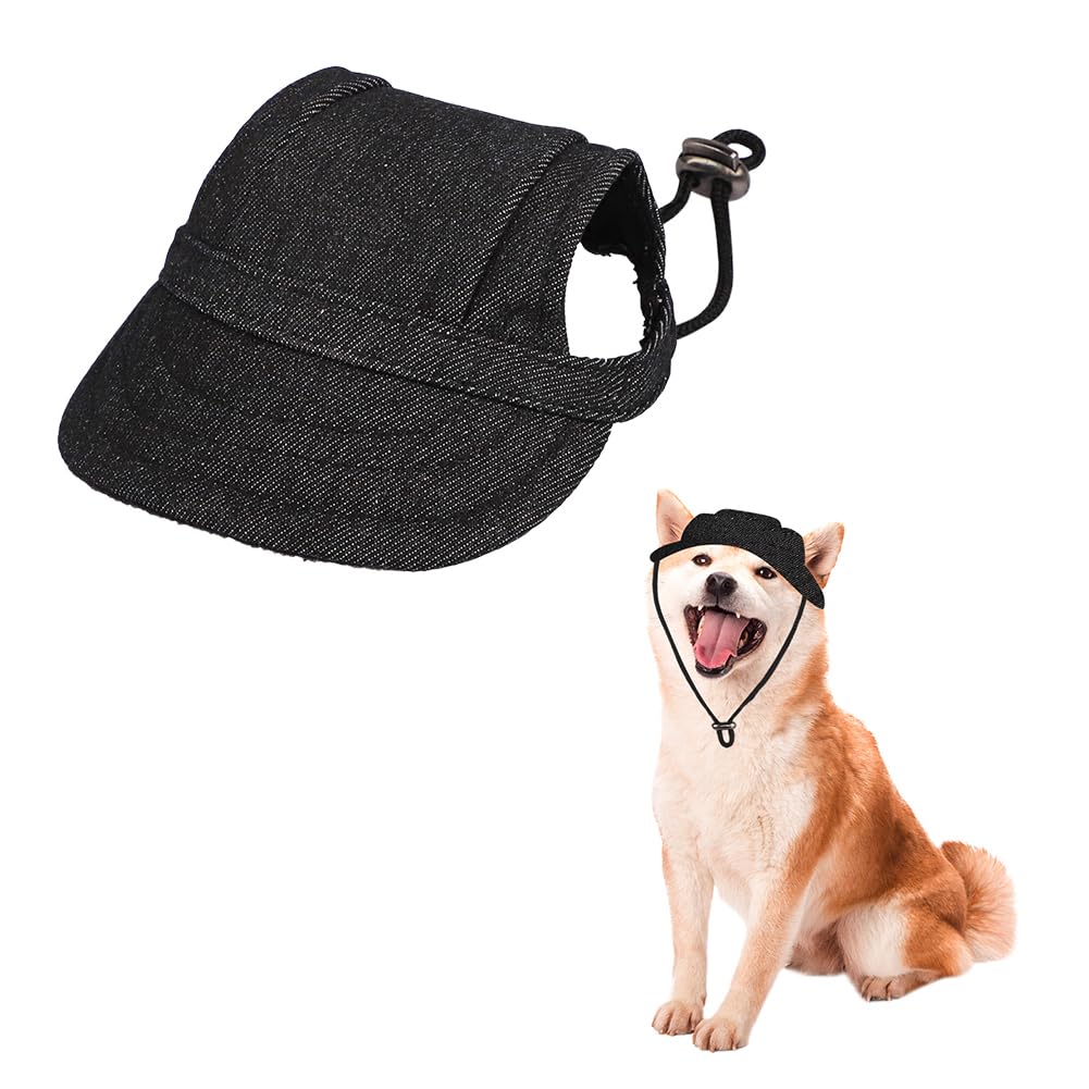 Pet Sun Hat Dog Baseball Cap Sun Protection with Adjustable Chin Strap Ear Holes Visor Sunbonnet for Outdoor Activities (Cowboy-Black, M)