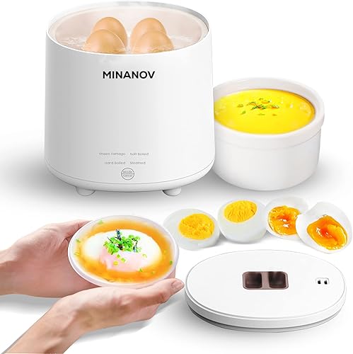 MINANOV Olla eléctrica para huevos  Cocina inteligente para huevos duros, hervidos suaves, huevos al vapor, Onsen Tamago  Mini olla de huevos para