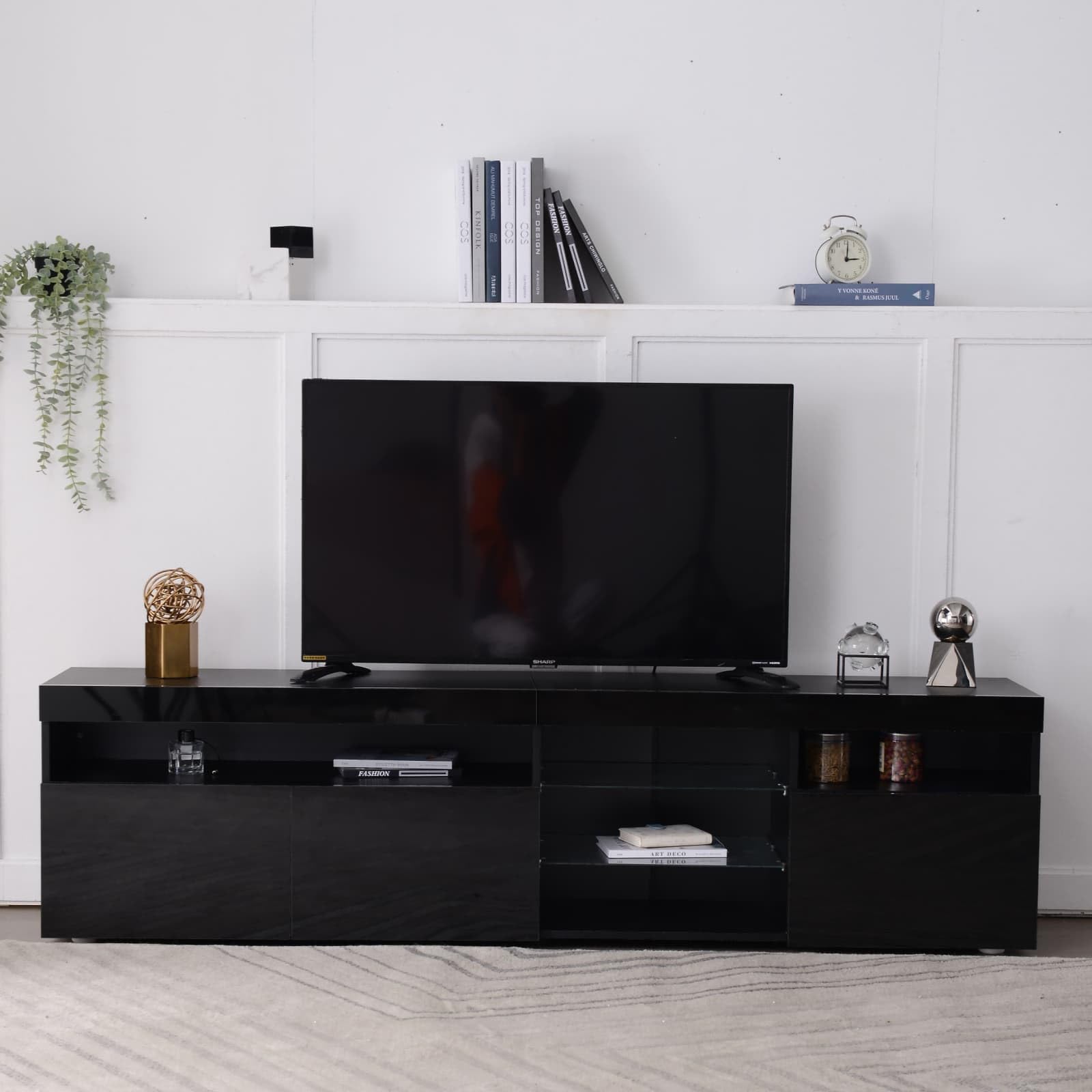 PUGSDRLY Meuble TV Contemporain Noir 180cm avec Éclairage LED Réglable et Finition Brillante,Adapté aux Salons et Salles à Manger (Black)