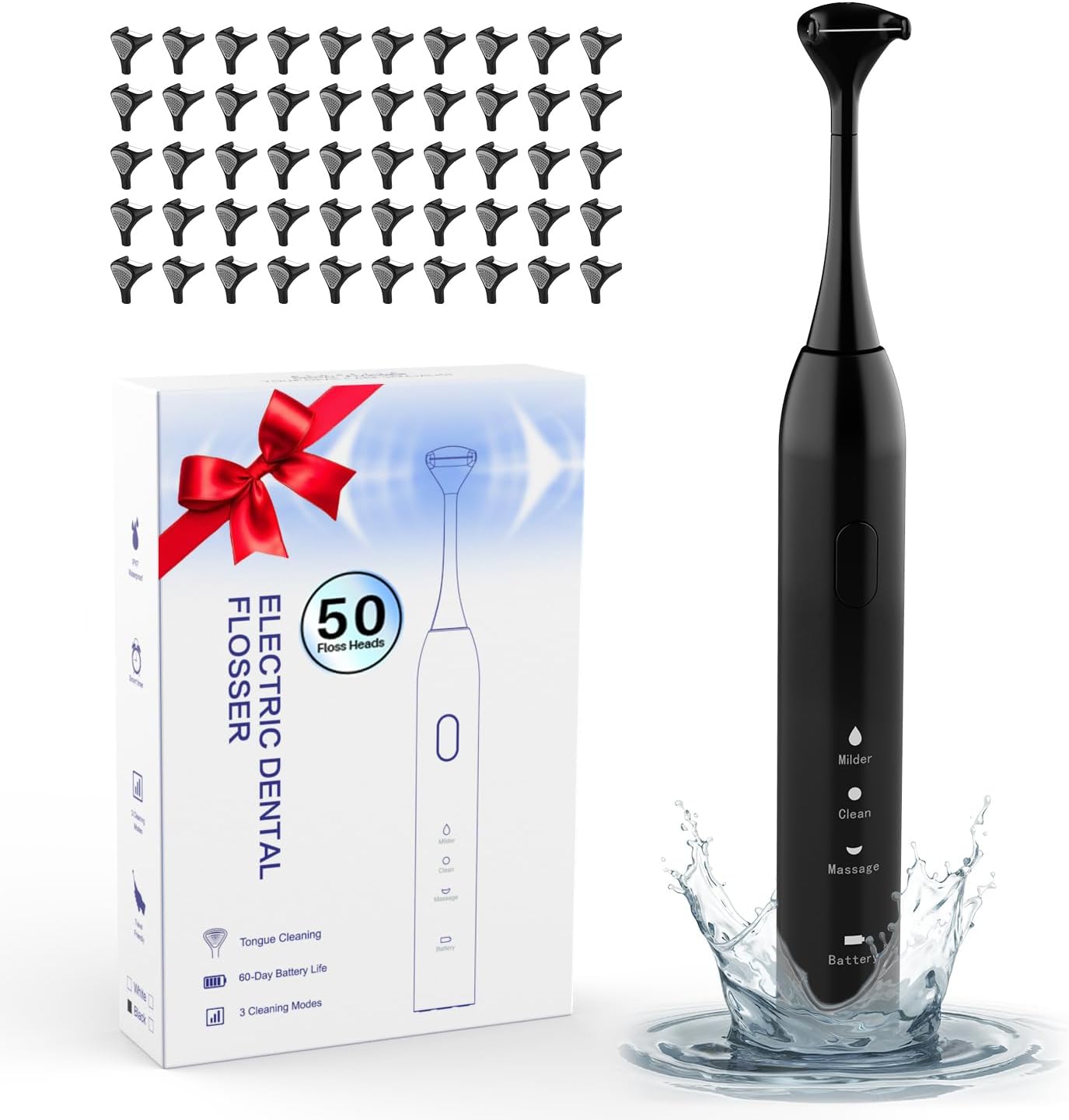 Voraiya Electric Flosser for Teeth 3-in-1 Vibrating Electric Floss with 60-Day Battery, 50 Replaceable Heads 3 Modes, IPX7 Waterproof Rechargeable Dental Floss for Travel, Adults & Sensitive Gums