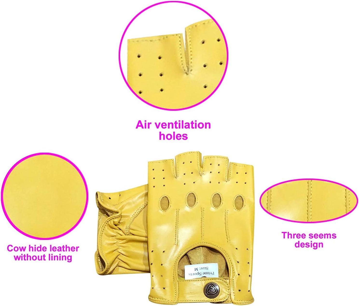 Prime Sports Men's Fingerless Half Finger Driving Fitness Motorcycle Cycling Unlined Leather Gloves (Yellow 309, Large)