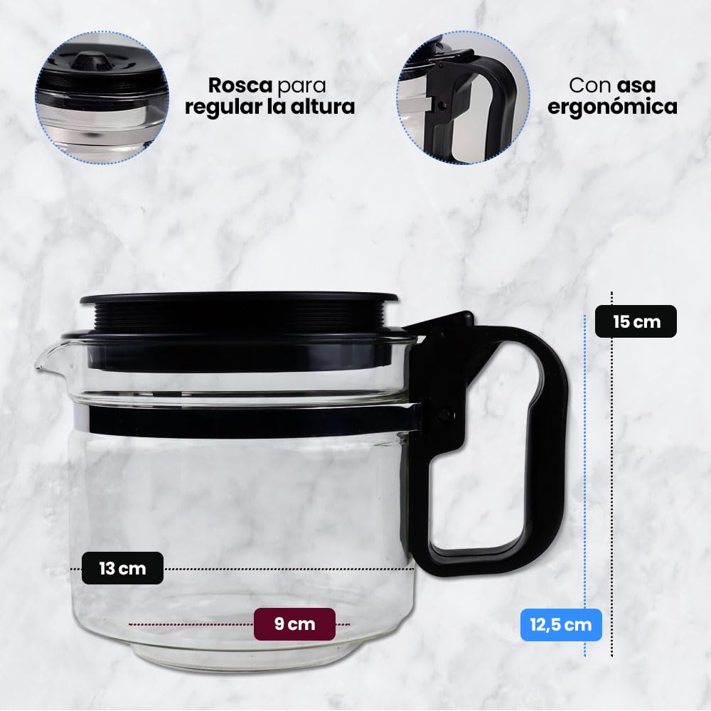 Anakel Home Jarra Cafetera Universal Grande Compatible con Cafetera Americana o de Goteo Eléctrica | Vidrio, Tapa Antigoteo, Altura Regulable 12,5-15 cm, 900ml | REVISAR MEDIDAS