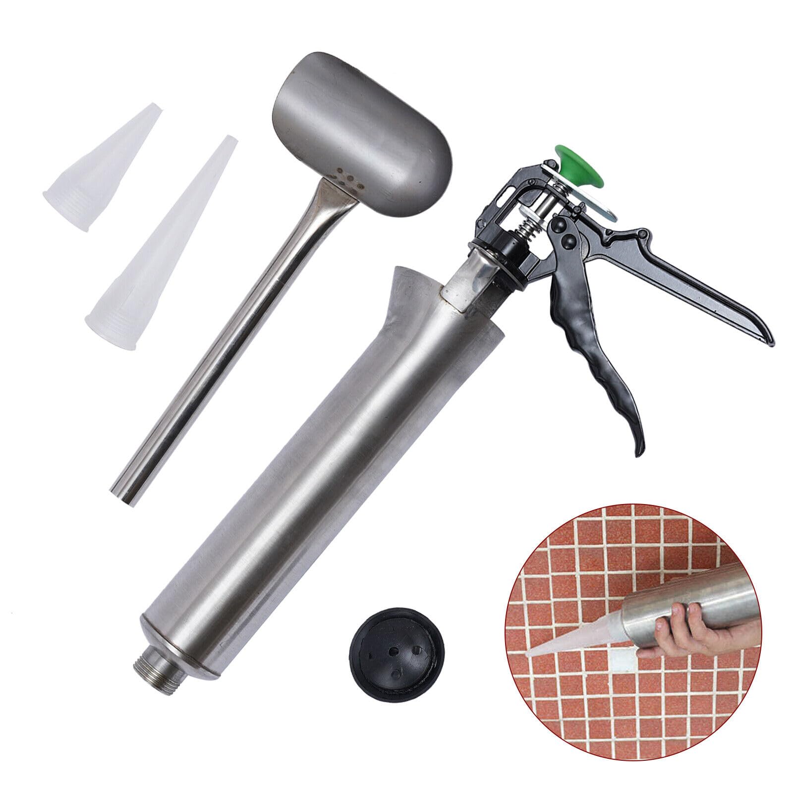 YIPONYT Mortar Grout Gun, Stainless Steel Hand Caulking Gun Cement Mortar Caulking Gun Mortar Applicator Sprayer Grout with 2 Nozzles and Nozzle Scoop