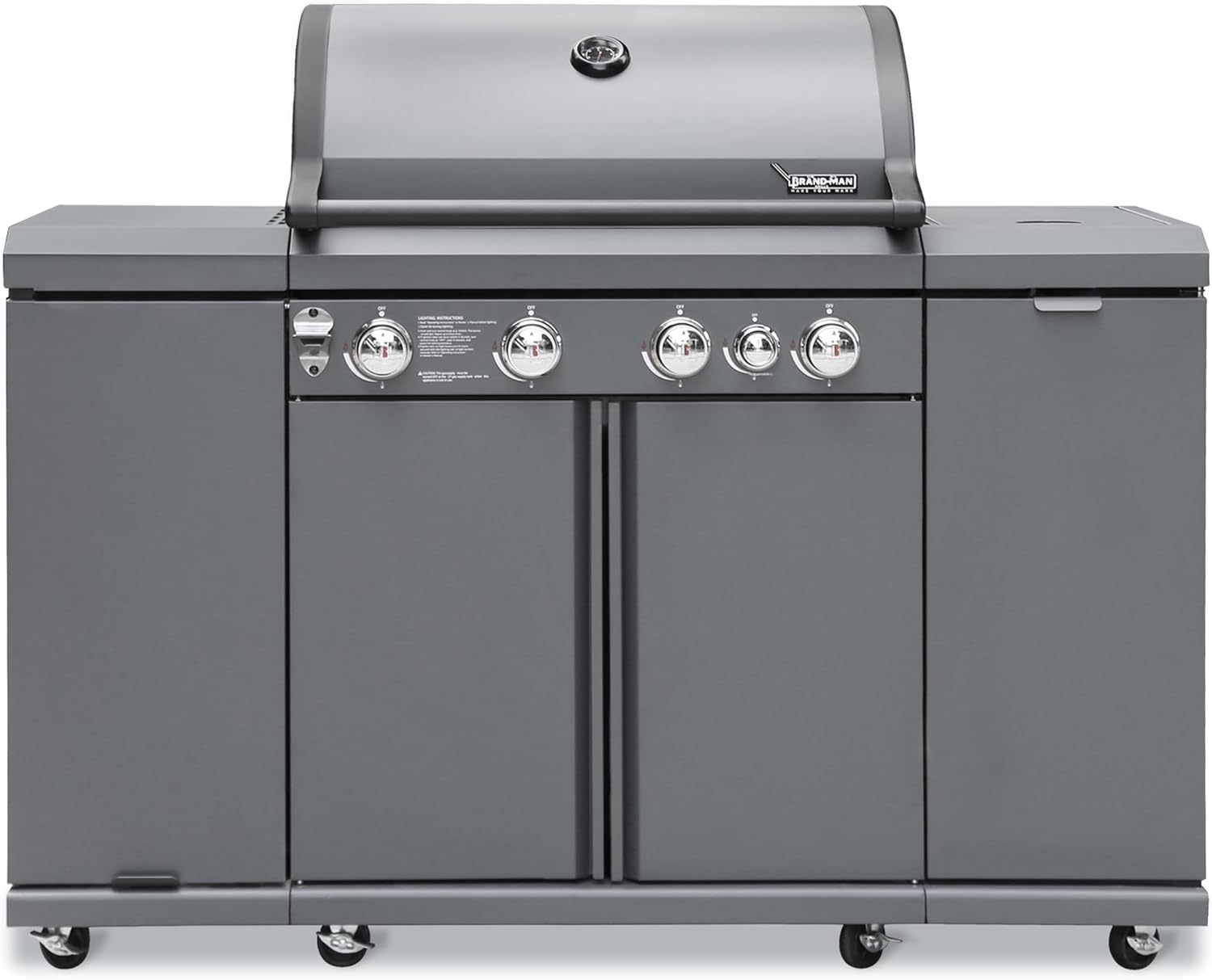 Brand-Man 4-Burner Gas Grill Outdoor Kitchen Island, 52000 BTU Cabinet Style Patio Garden Cooking Propane Gas BBQ Grill with Side Burner &Fold-out Prep Table, Gray