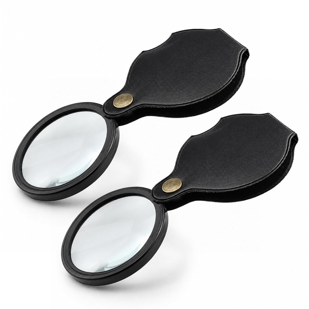 2 Pcs 20X Pocket Magnifying Glass with Leather Cover, Mini Folding Handheld Magnifier for Reading Small Print Menus, Portable Jewellers Loupe for Coins Stamps Seniors and Hobbyists