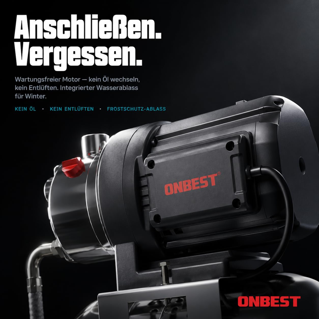 ONBEST Hauswasserwerk 1300 W 50 m Förderhöhe 20 L Kessel | Edelstahldruckkessel, 230 V-Anschluss, wartungsfreier Motor, Pumpe für Garten und Haushalt