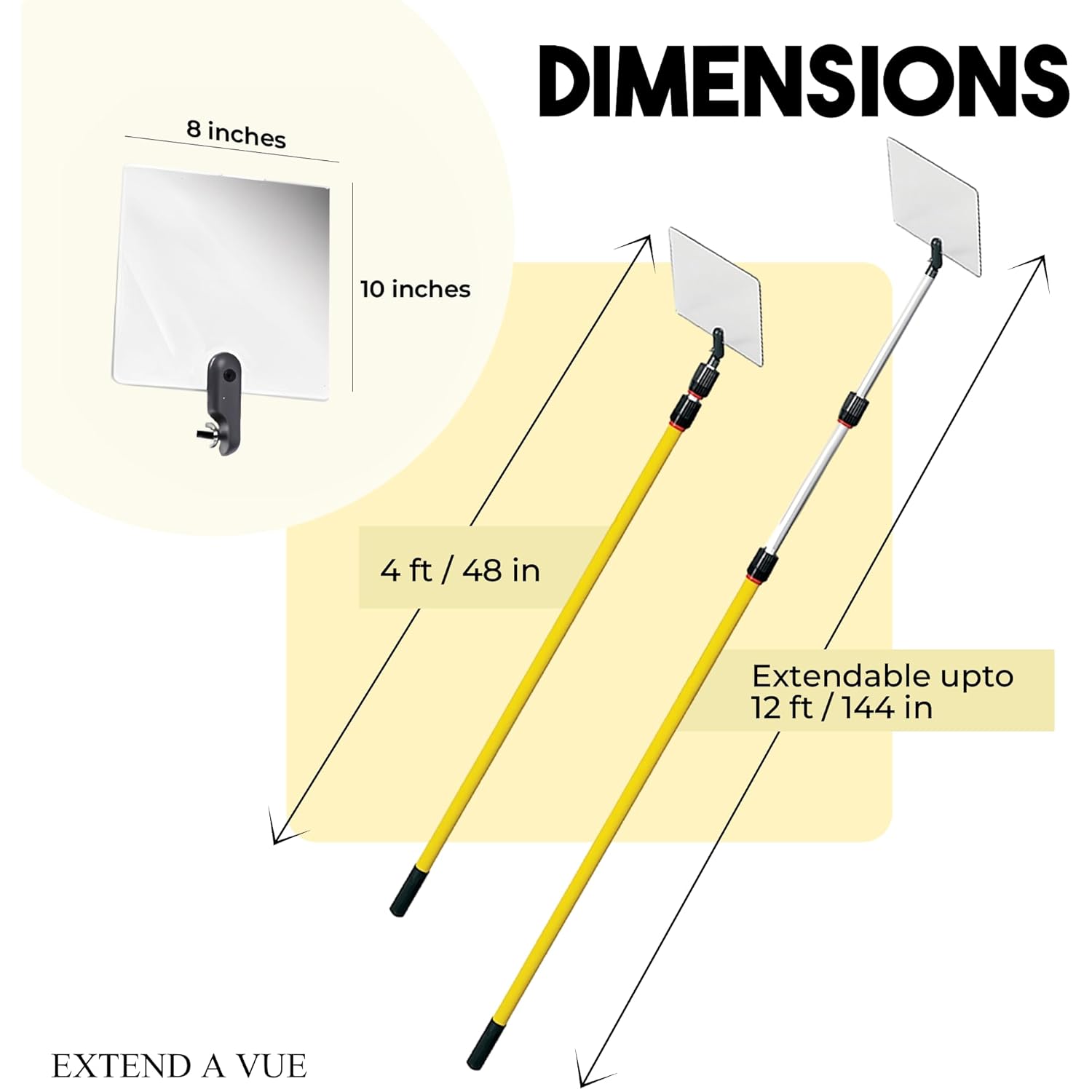 Inspection Mirror - Telescoping Heavy Duty, Lightweight & Durable, 4 ft - 12 ft Pole, 8 x 10 inch Acrylic Mirror
