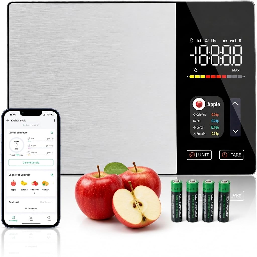 Bilancia da cucina digitale con contatore di calorie e calcolo dei valori