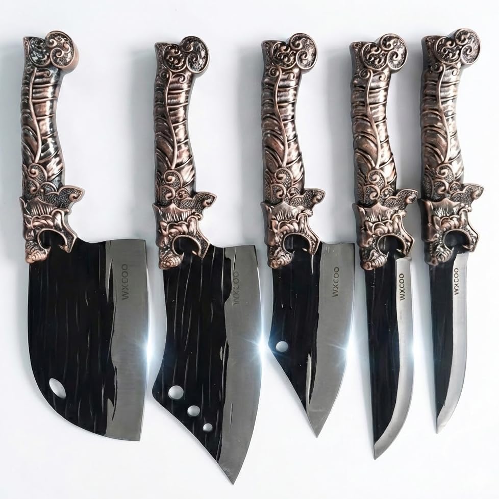 5PCS Butcher Knife Set for Chef, Butchering, Meat Processing, BBQ Cutting and Fillet, High Carbon Steel Hand Forged Knives, Cleaver & Bone Chopper, Dragon Bolster, Wood-Grain Handle - Bronze