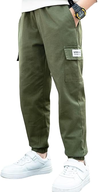 Boys Cargo Trousers Cotton Trousers for Children Children's Trousers Boys Trousers Medium Height with Elastic Band Black Green